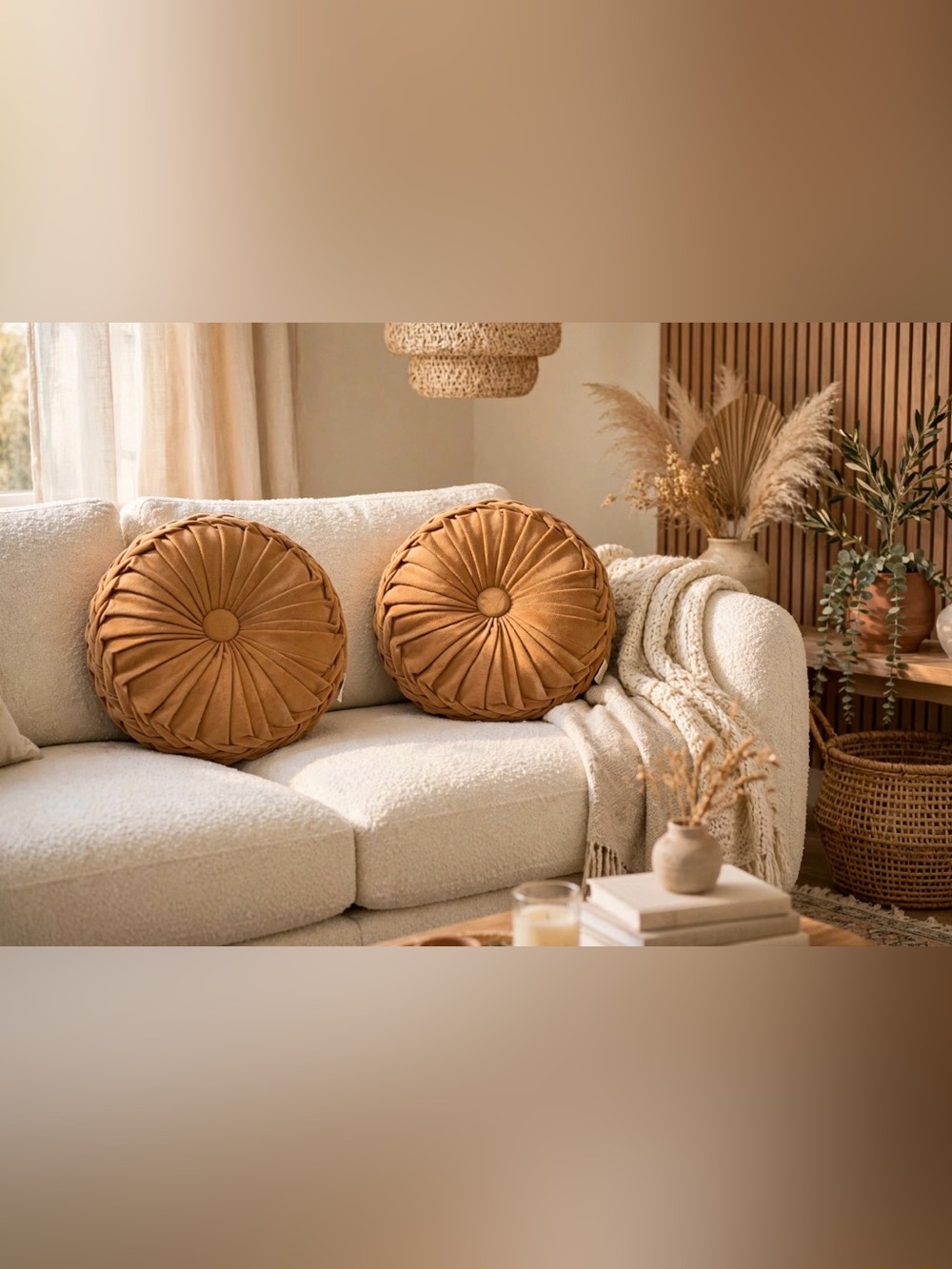 Set of 2 Round Velvet Pintuck Throw Pillows Caramel Rust Boho Decorative Accent